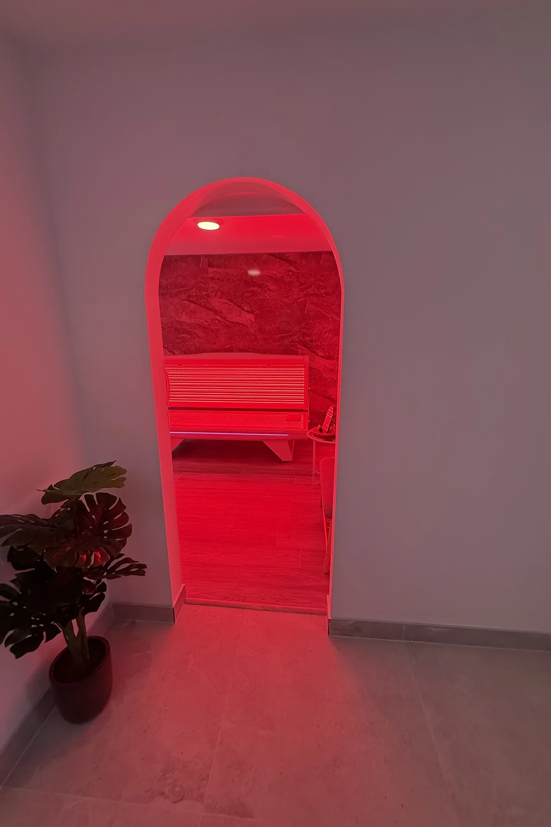 The arched doorway to the red light room, glowing red, the red light bed inside and a monstera in the corner